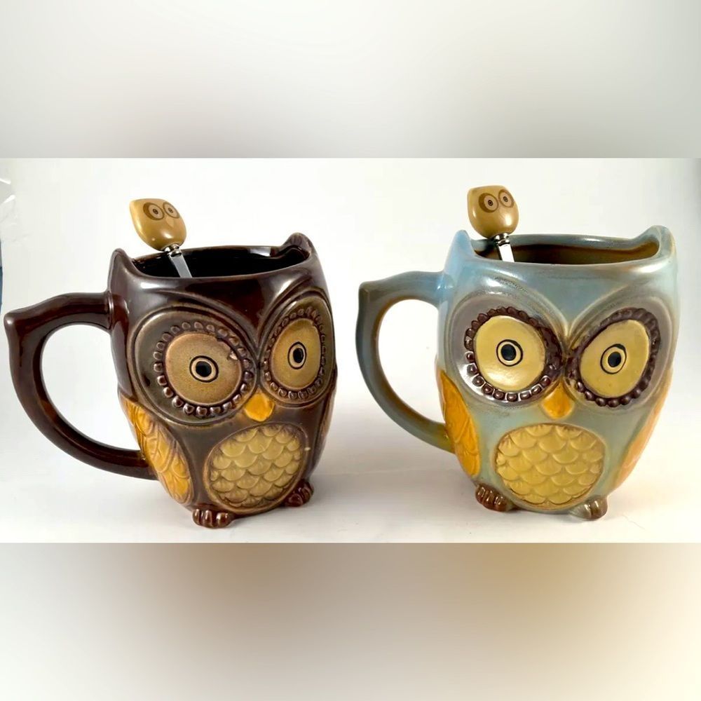 3D Coffee Mug Cute Set of 2 Owl Ceramic Glazed Coffee Mugs with Owl spoons
